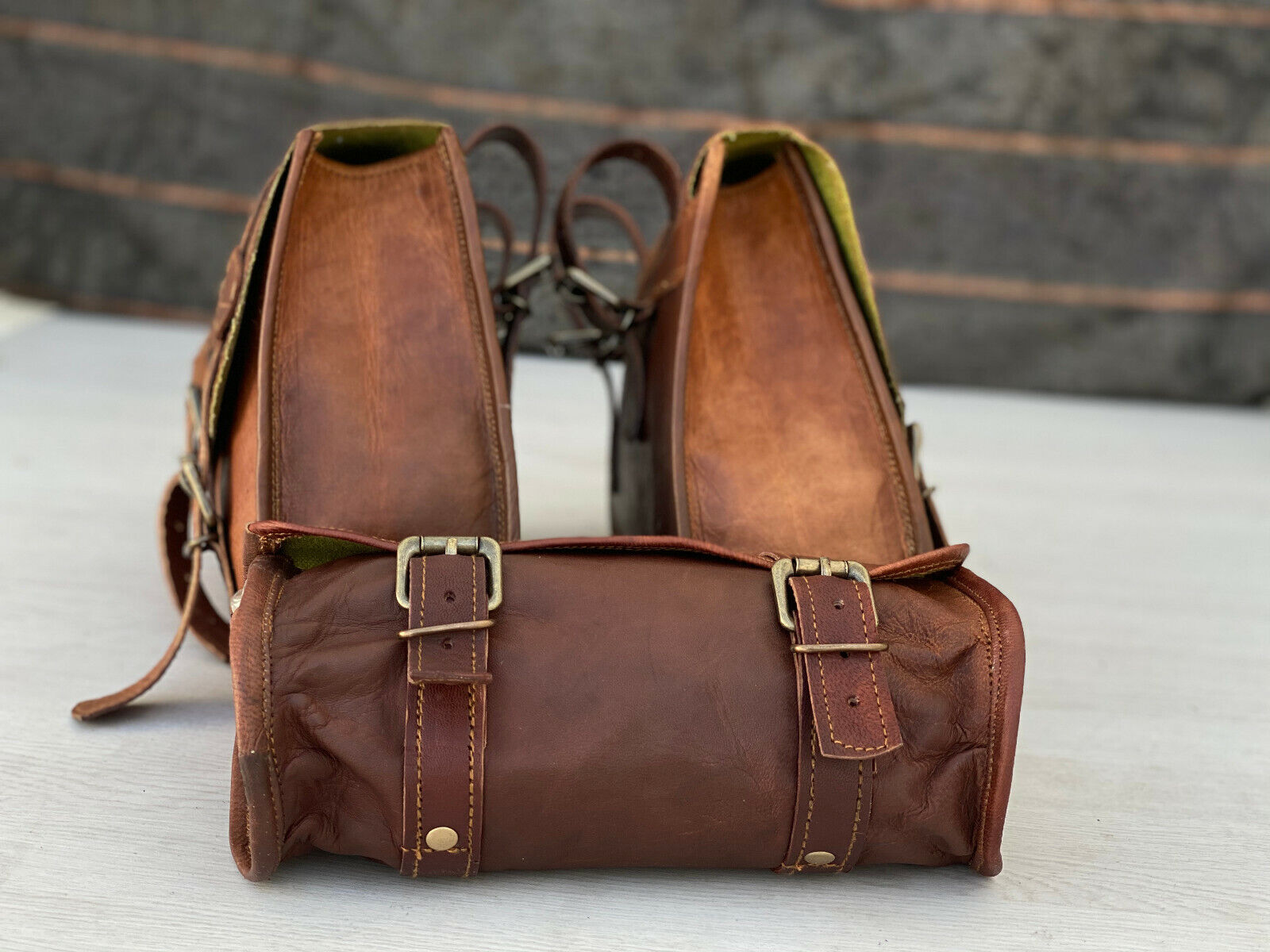 Leather Motorcycle Bags 3 Pouch Side Three Panniers ( 2 Saddel Bag+1 Tool Bag) 24Hr Smart